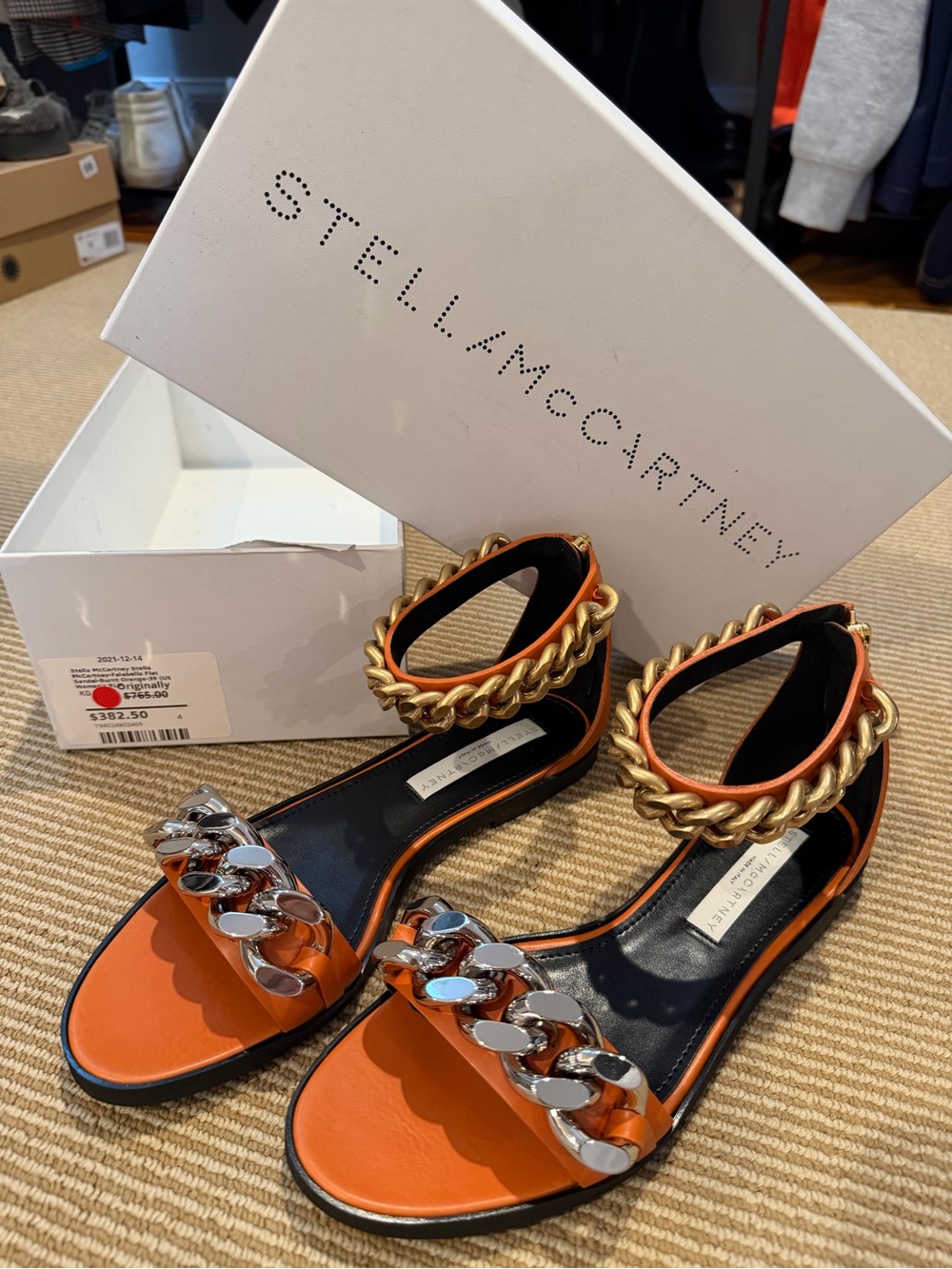 Stella McCartney Falabella Orange Chain-Trim Flat Sandals 39